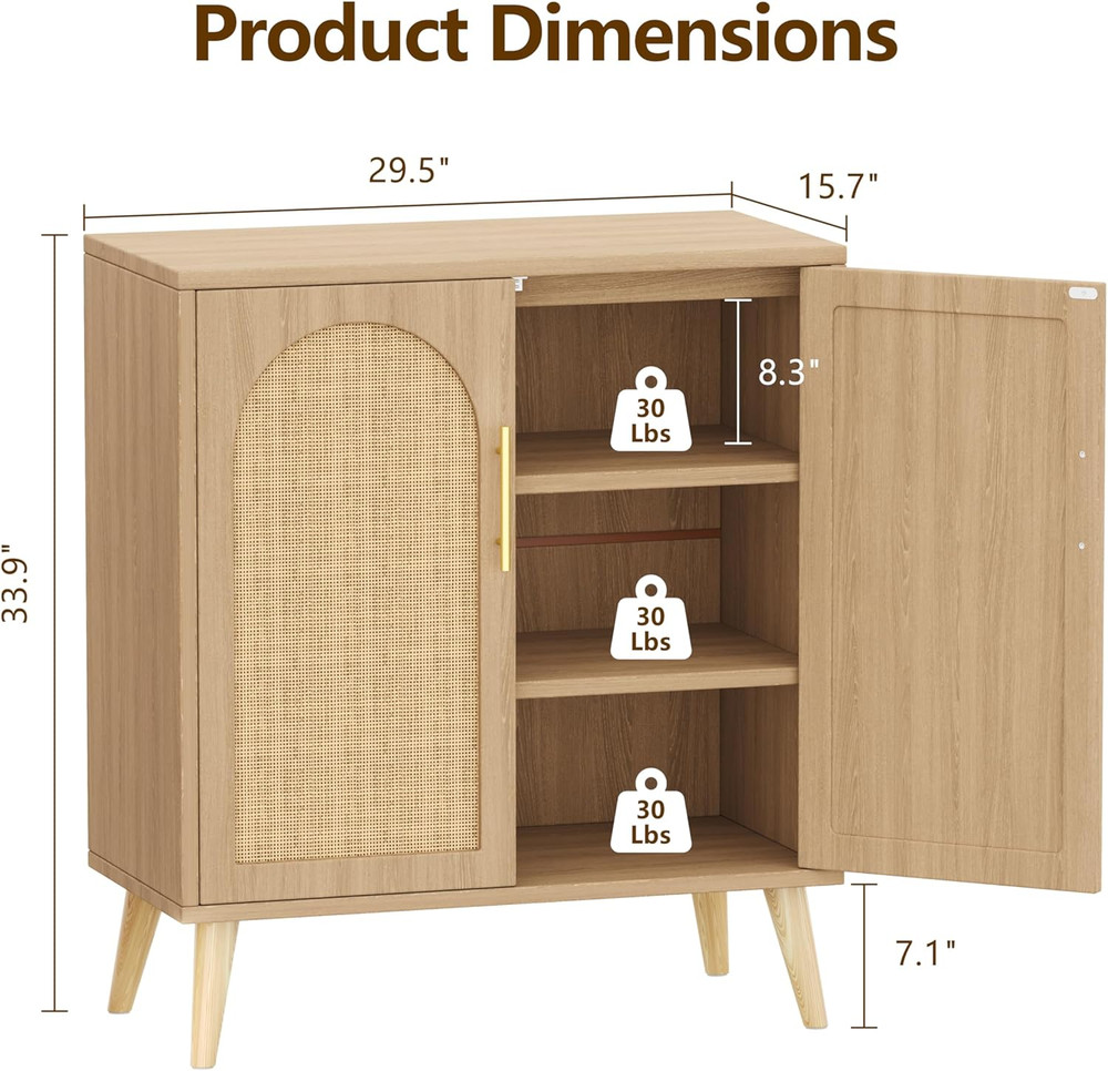 Keehusux Rattan Buffet Cabinet with Storage, Boho Buffet Table with Adjustable S