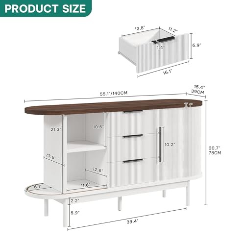 55'' Fluted Buffet Cabinet with 3 Large Drawers, Fluted White & Brown