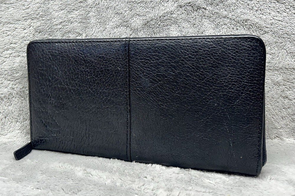 Black Leather Travel Wallet Organizer Zippered Document Holder