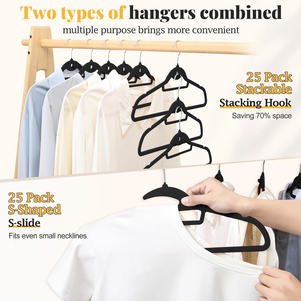 Black Velvet Hangers 50 Pack, S-Shaped and Stackable Non Slip Felt Hanger wit...