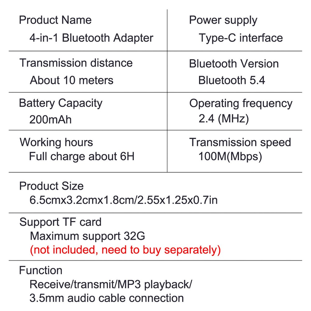 Type-C 4in1 Bluetooth Audio Adapter Wireless Receiver Transmitter MP3 Player USA