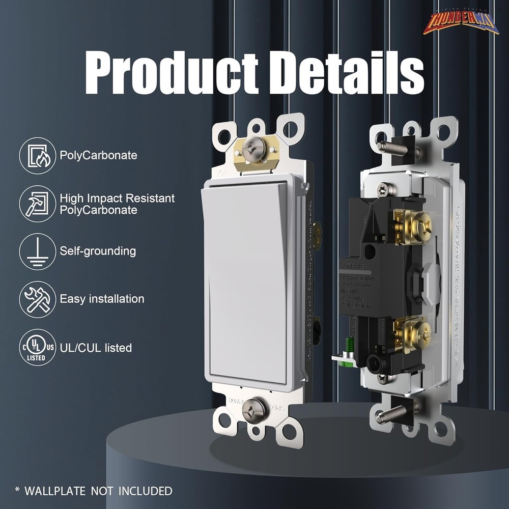 ThunderWay Single Pole Light Switch, Rocker Wall Light Switch, 15A 120/277V, Dec