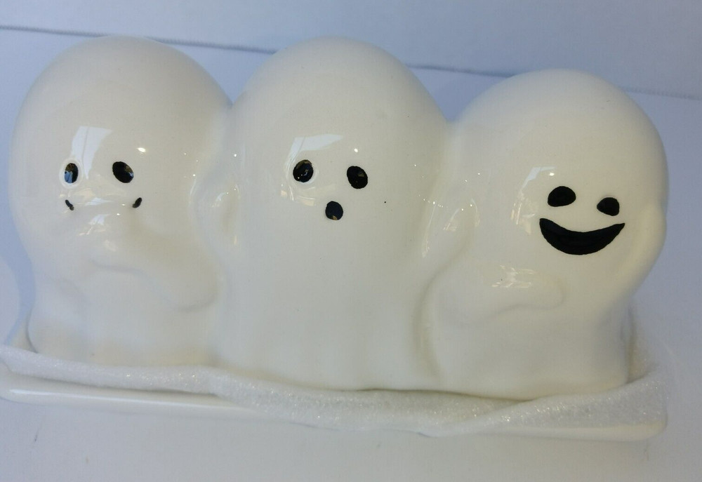Three Ghosts Butter Dish White Ceramic by Spooky Hollow -NEW with Tag