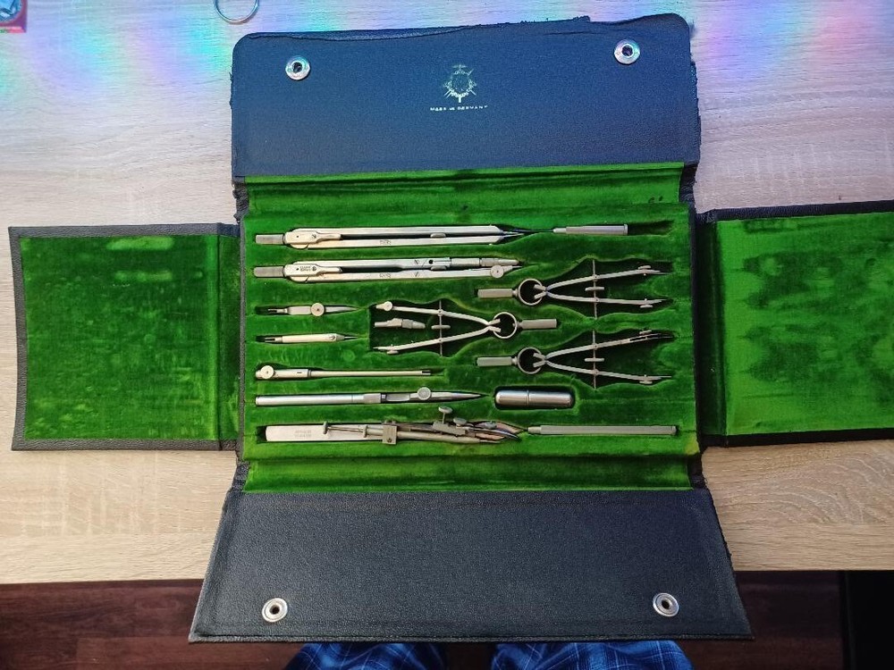 Set Of Antique US Blue Co Engineering Drafting Tools In Case Nice Condition