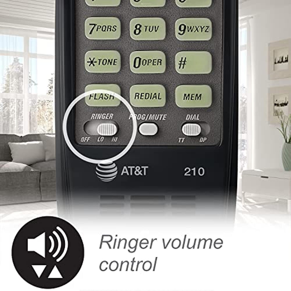 AT&T 210 Basic Trimline Corded Phone, No AC Power Required Wall-Mountable Black