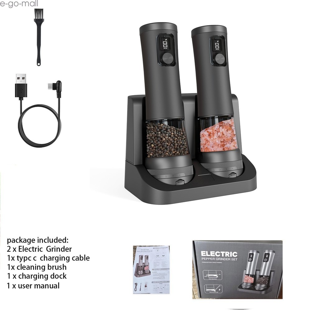 2PCS Electric Salt and Pepper Grinder Set Automatic Grinder w/ Rechargeable Base