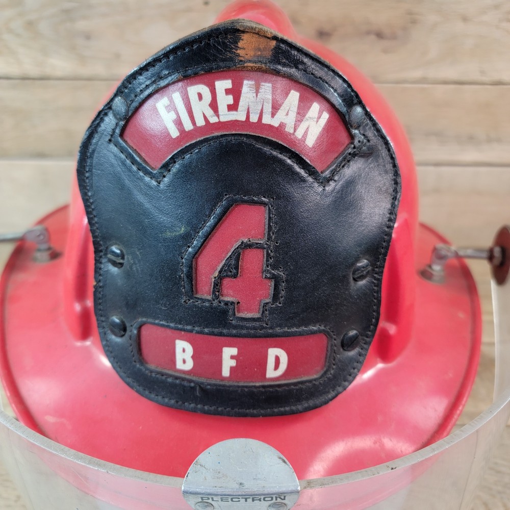 Fireman’s Helmet MSA TOPGARD RED Adjustable Size 1969 Class D BFD Leather Patch