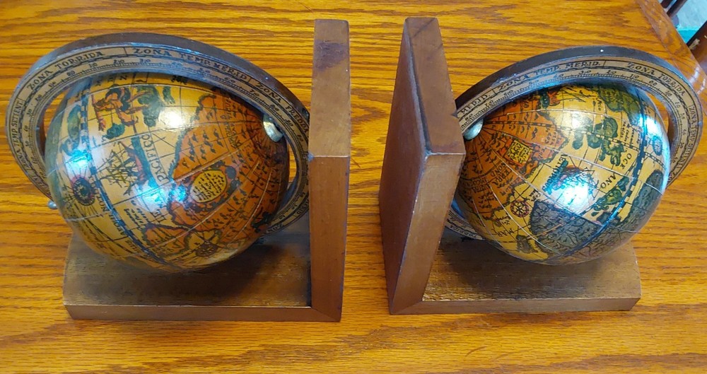 Old World Globe Rotating Sphere Wooden Bookends in Nice Condition
