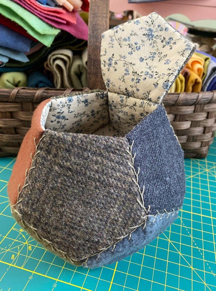 Primitive Wool Sewing Box - Hand Pieced Pentagon Shapes