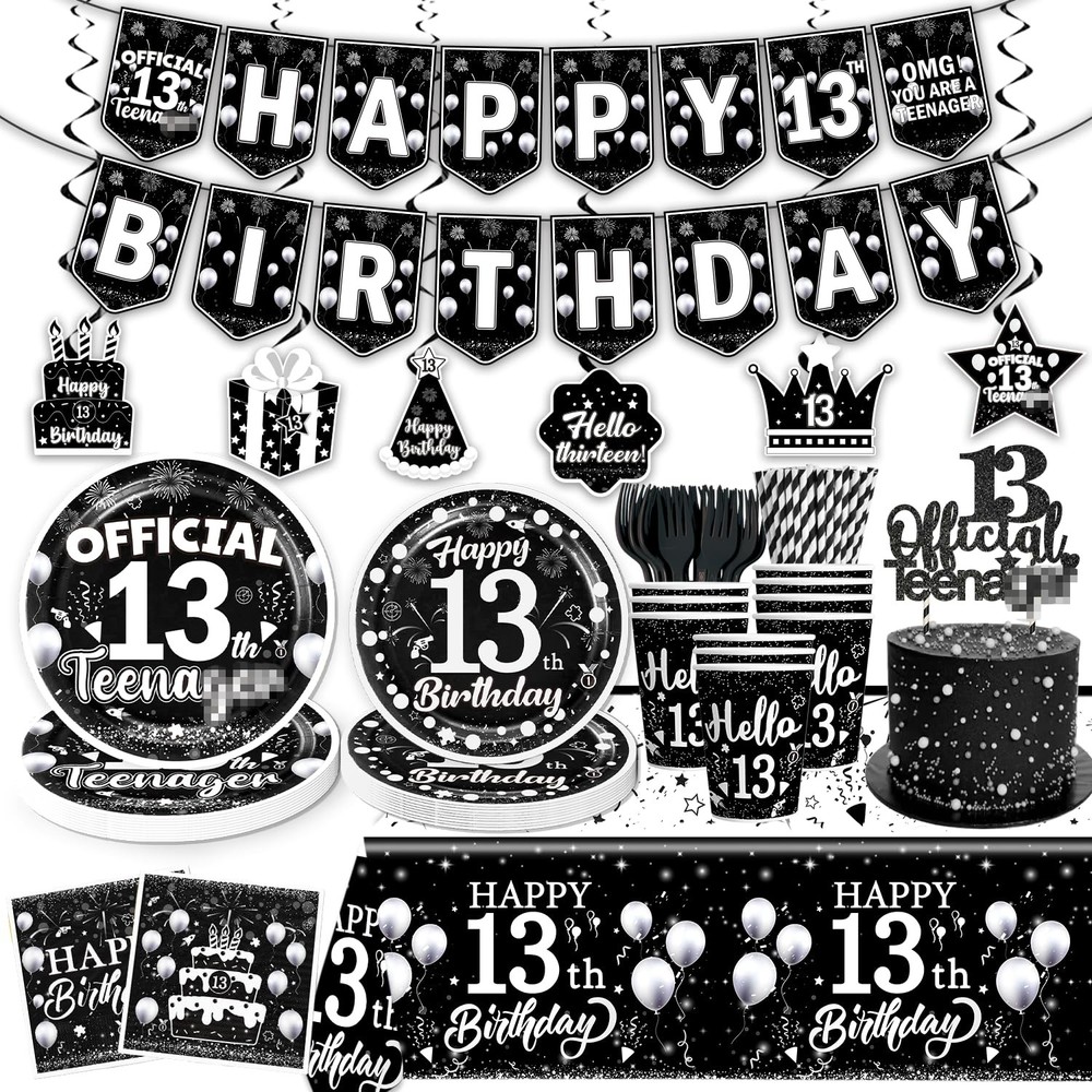 170pcs 13th Decorations for Boys Tableware Set, Black Themed 13th Plates and ...
