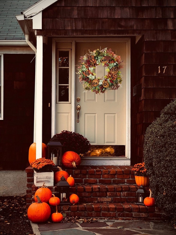 Fall Wreath for Front Door Artificial Peonies Autumn Winter Decor Brown