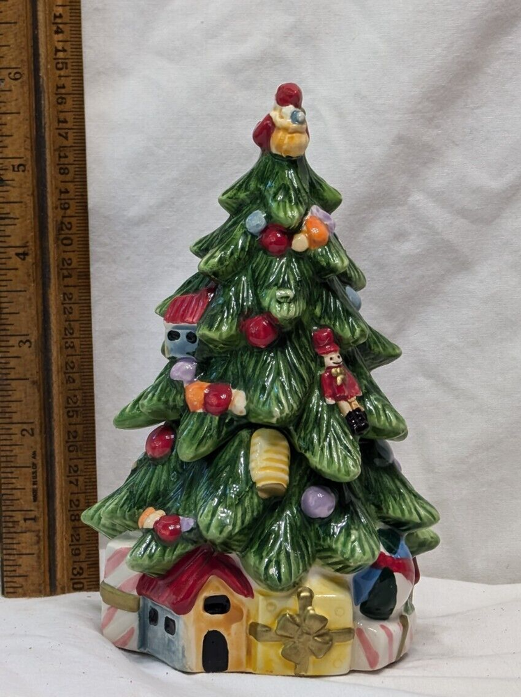 2 pc. 7" Spode Ceramic Decorated Xmas Tree Candy Box Hand Painted in Nice Con.