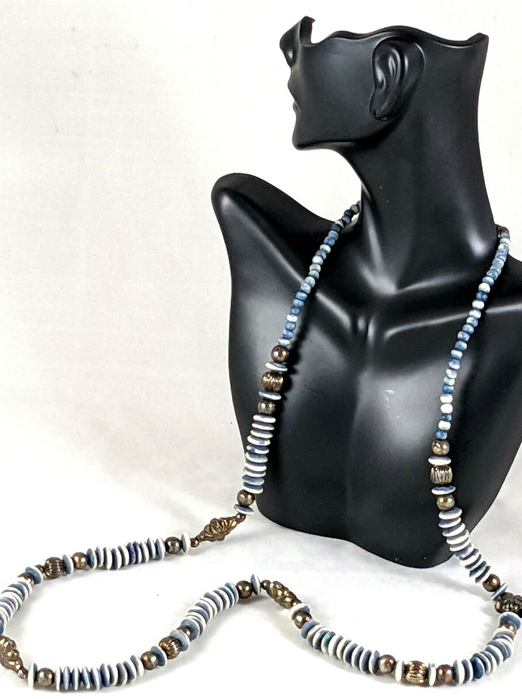 Vintage Boho Long Blue White w/ Silver Tone Necklace