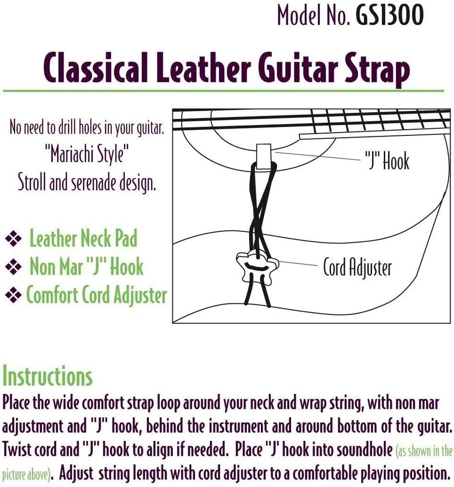 PERFORMANCE PLUS GS1200 CLASSICAL GUITAR/UKULELE STRAP ADJUSTABLE CORD & J HOOK