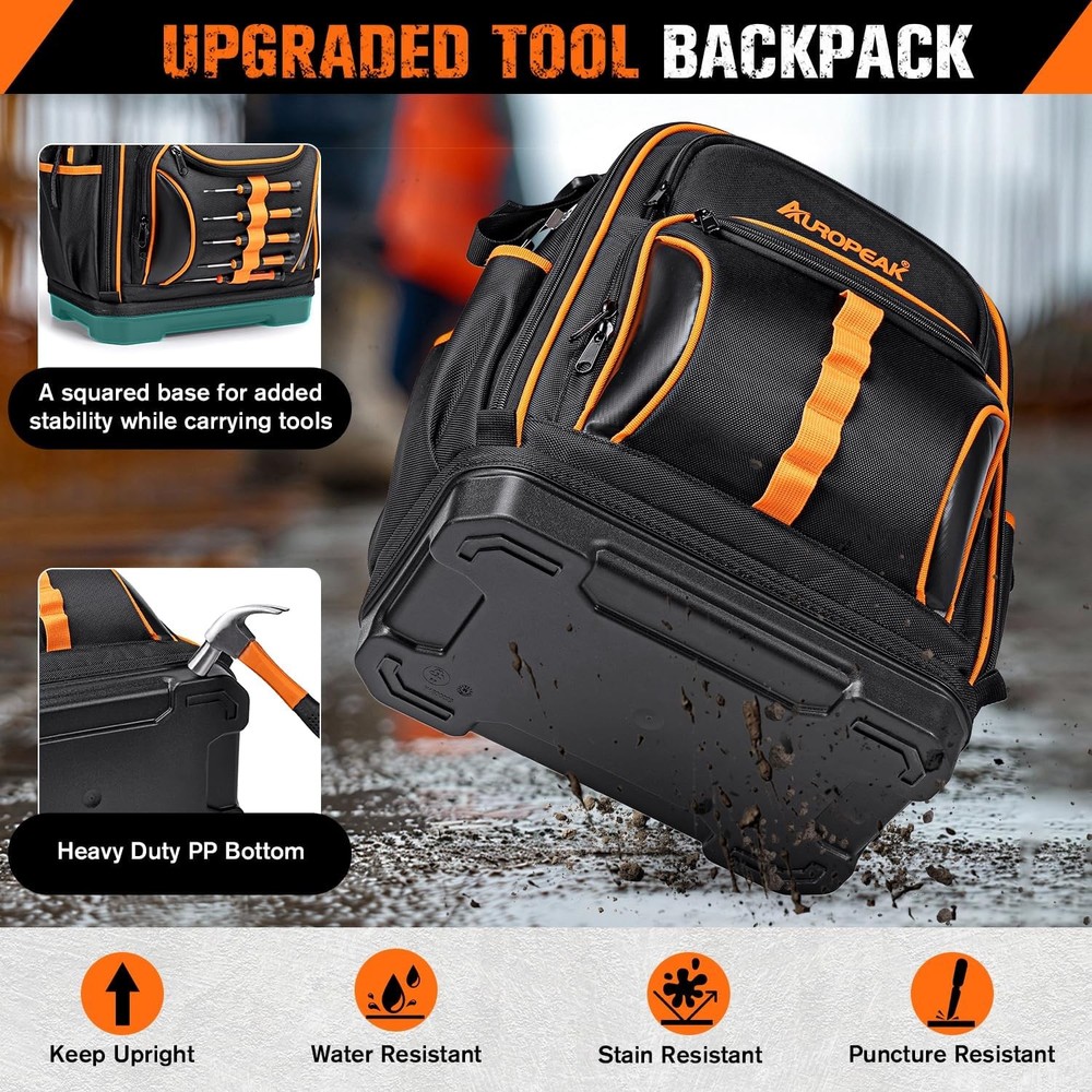 73-pocket tool backpack, unisex, heavy-duty design, waterproof molded base.