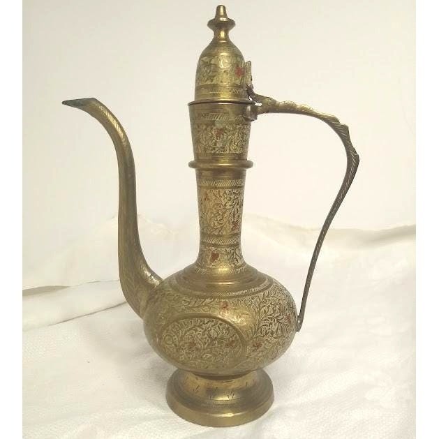 Indian Brass Ewer, Etched Aftaba Pitcher