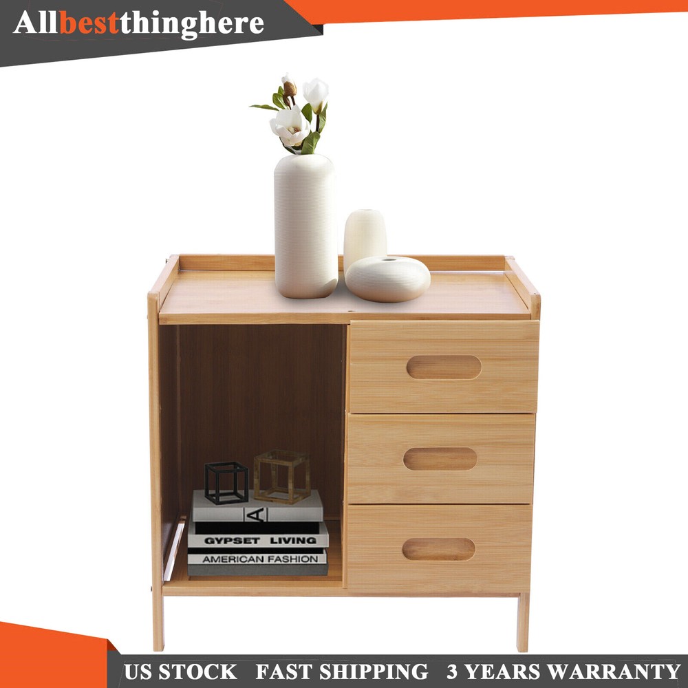 Nightstand Bedside End Table Bedroom Side Bamboo Storage w/ Pull-out Drawer US