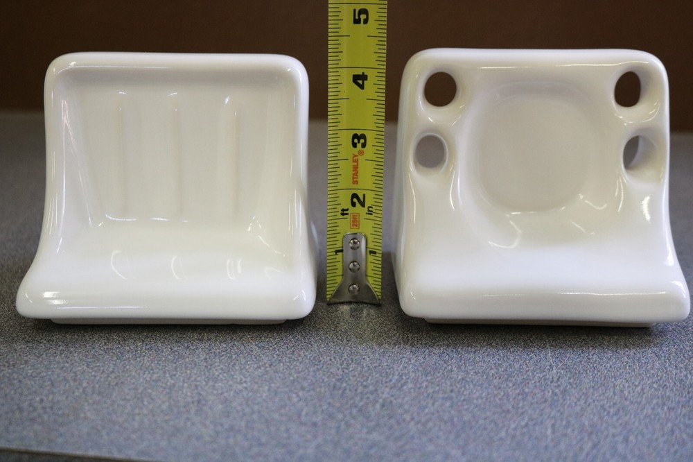 ACP Thin-Set Glossy White Ceramic Soap Dish & Toothbrush Holder Bathroom Set