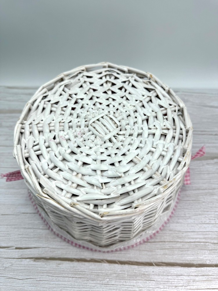 White Round Willow Woven Basket Pink Gingham Liner w/ Folding Drop-Down Handle
