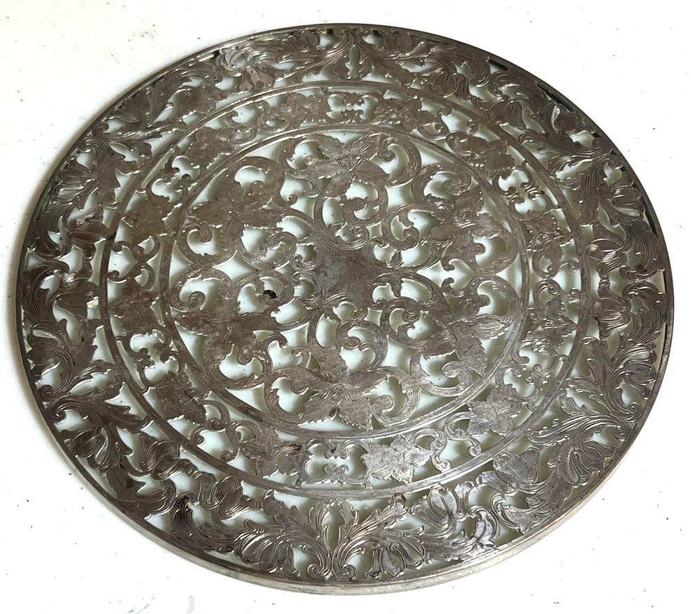Webster Sterling Silver Trivet Overlay Glass 8" Vintage