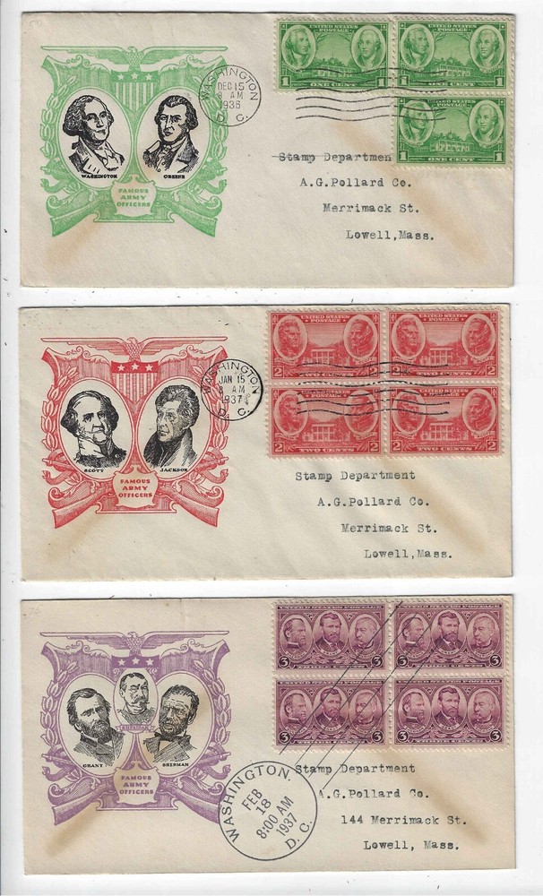 FDC's   #785-94  Army/Navy   --Linprint set   1936-37