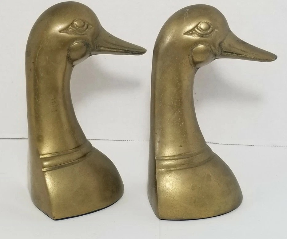 Vintage Solid Brass Mallard Duck Heads Bookends Pair Set