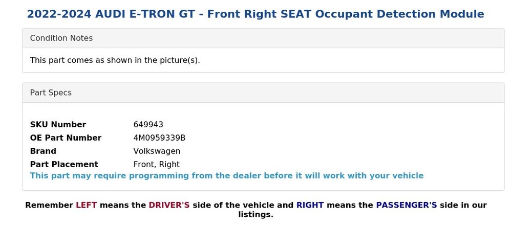 2022-2024 AUDI E-TRON GT - Front Right SEAT Occupant Detection Module