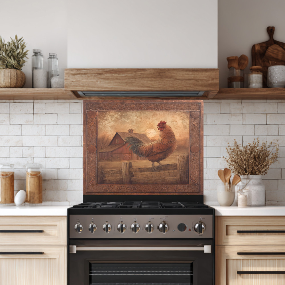 Copper Embossed Look Mediterranean Rooster Glass Backsplash • Rustic Kitchen