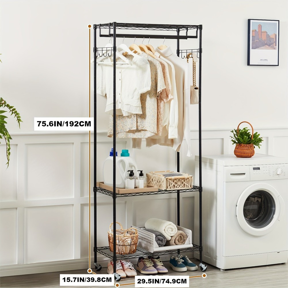 Rolling Clothes Rack with Hanging Rod Side Hook Heavy Duty Garment Wardrobe