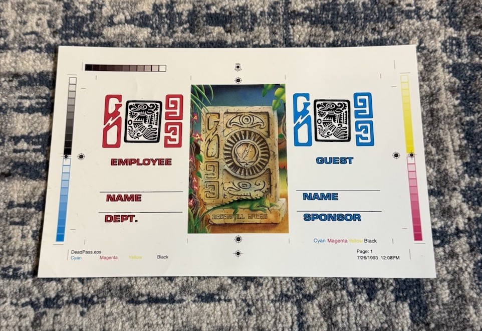 Grateful Dead 1993 Tour Access All Areas Original Backstage Pass Computer Draft
