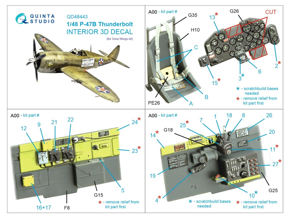 Quinta Studios 1/48 P-47B THUNDERBOLT 3D PRINTED & COLORED INTERIOR SET Dora W.