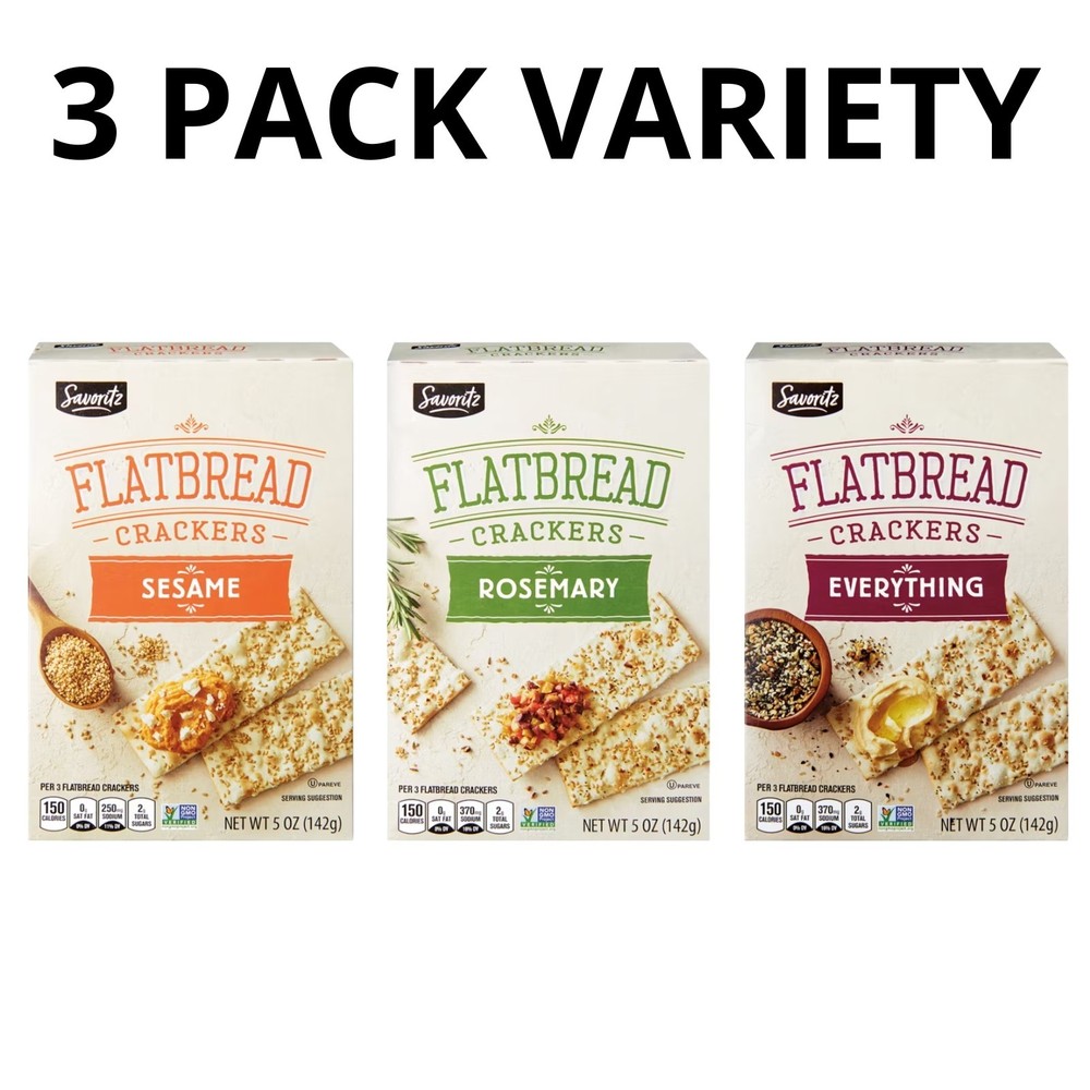 Savoritz Flatbread Cracker 5 oz - Sesame, Rosemary & Everything - 3 Pack Variety