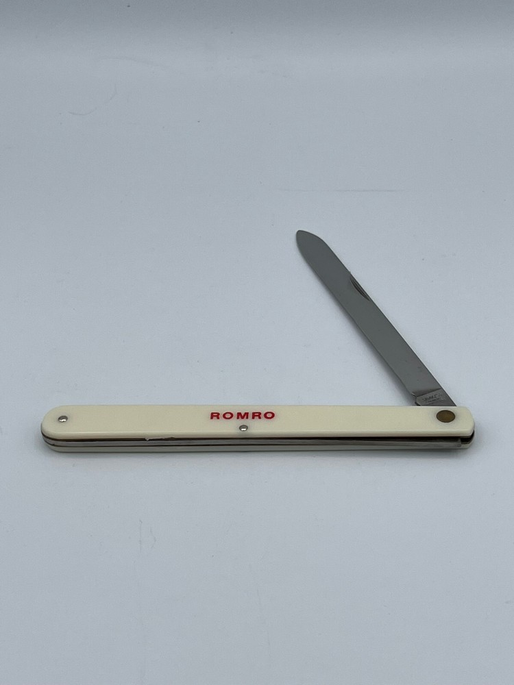 Colonial Straight Folding Knife White Plastic Handle w/ Romro Written On Handle
