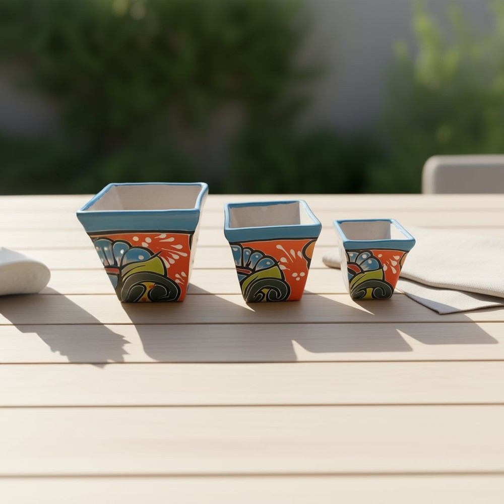 Colorful Square Talavera Planter Set | Mexican Mini Pots