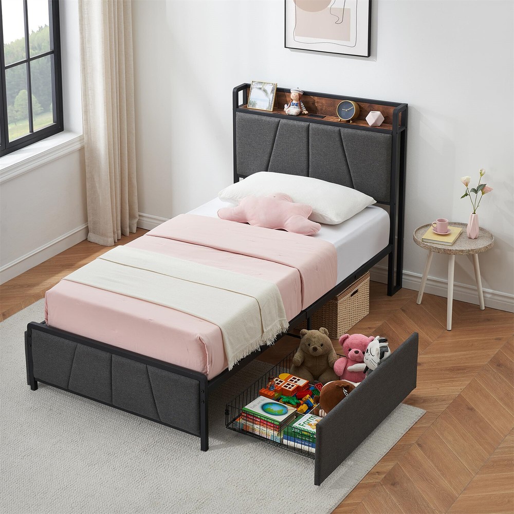 ⭐Twin Size Bed Frame with 2 Storage Drawers and Charging Station Upholstered