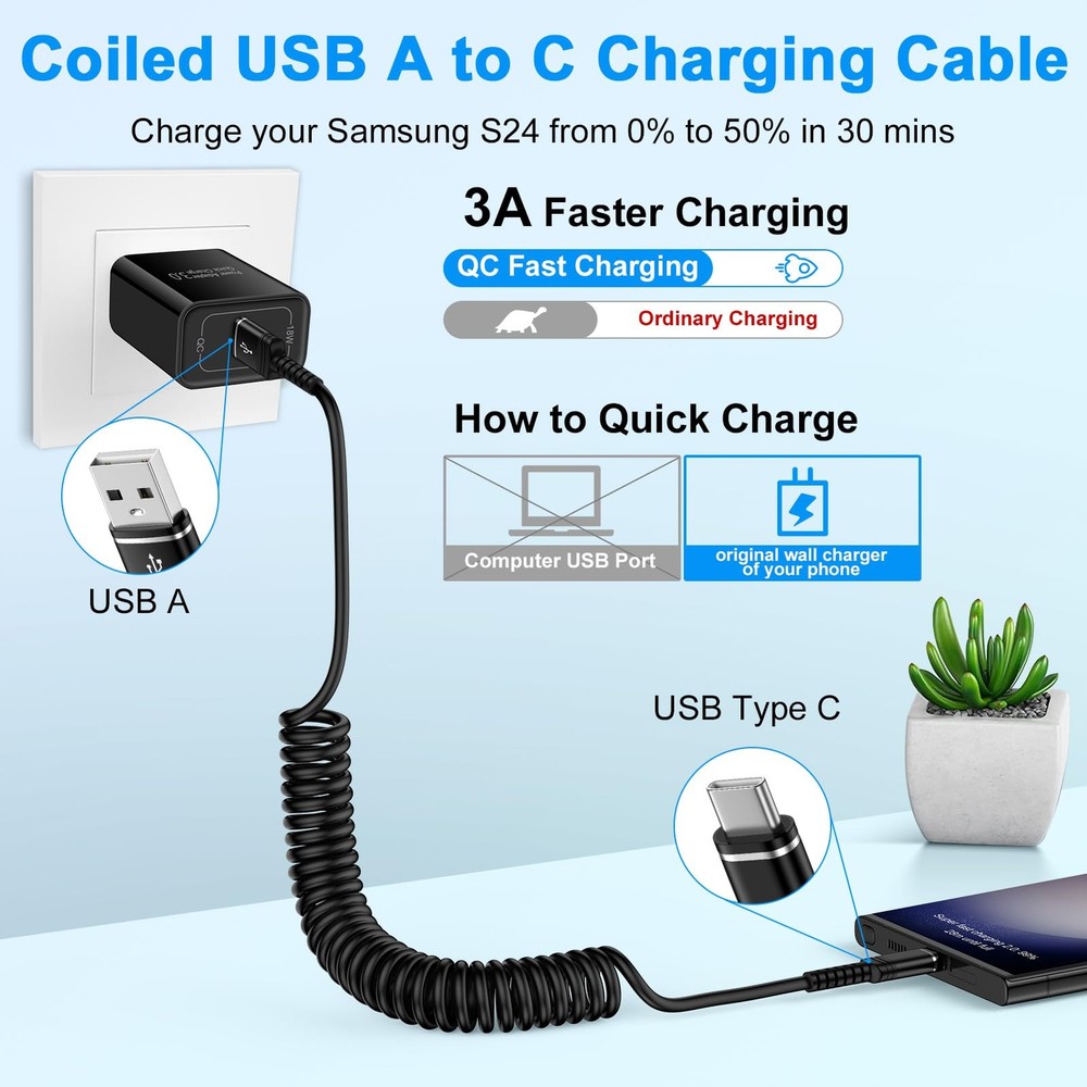 Fast Charger Cable Coiled USB C for Car 3FT Android Auto Type A to C