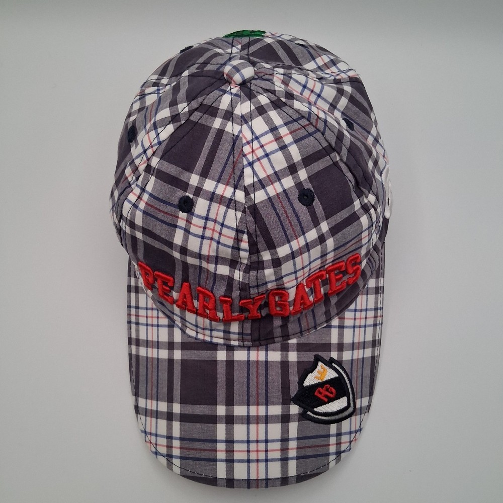 Pearly Gates Golf Hat Cap Strap Back Plaid Gray White Blue Red Script Shield 89
