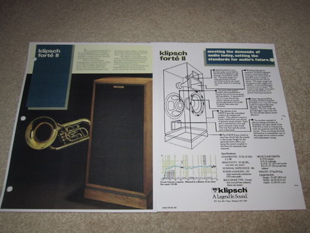 Klipsch Forte II Speaker Ad, 1989, 2 pages, Article, Info and Specs