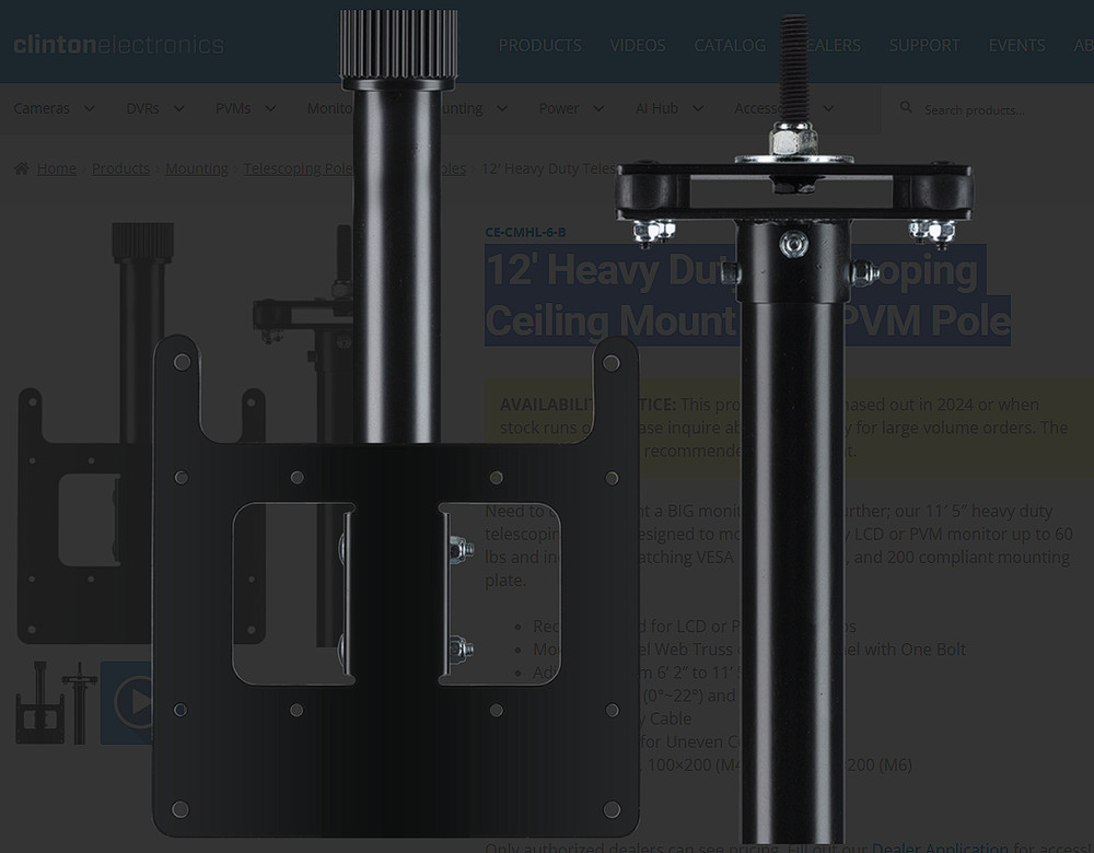 Clinton CE-CMHL-6 12′ Heavy Duty Telescoping Ceiling Mount LCD/PVM Pole