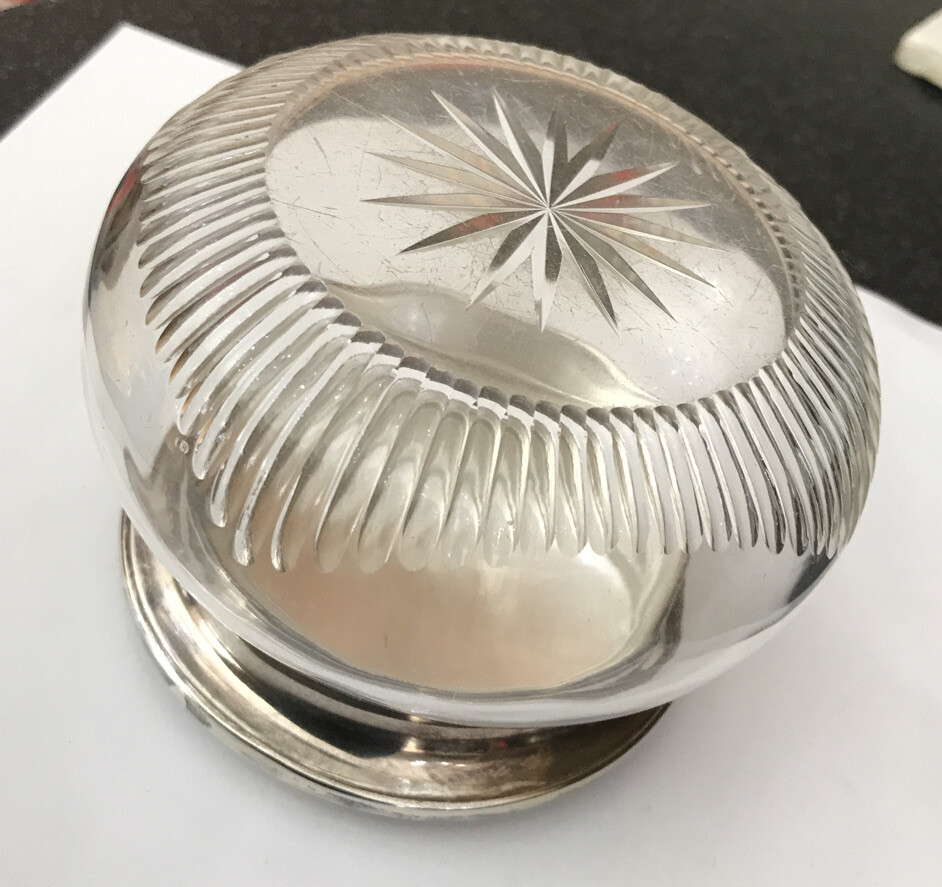 HM Hallmarked Solid Sterling Silver Glass Engine Turned Dressing Table Pot Box