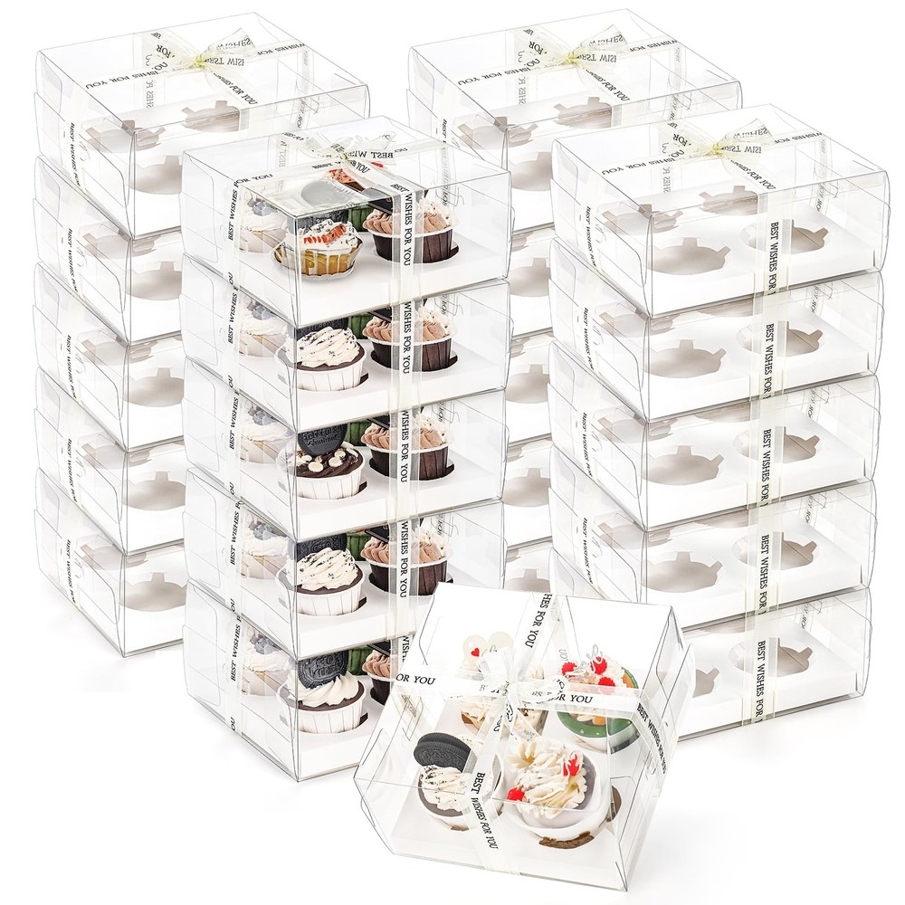 20 Pack Clear Cupcake Boxes with Gift Ribbon, 4 Count Plastic Cupcake Contain...