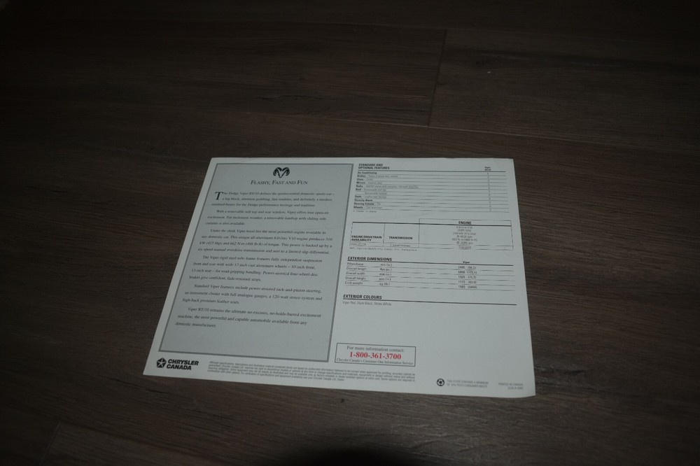 1996 Dodge Viper RT/10 single sheet sales brochure Chrysler Canada