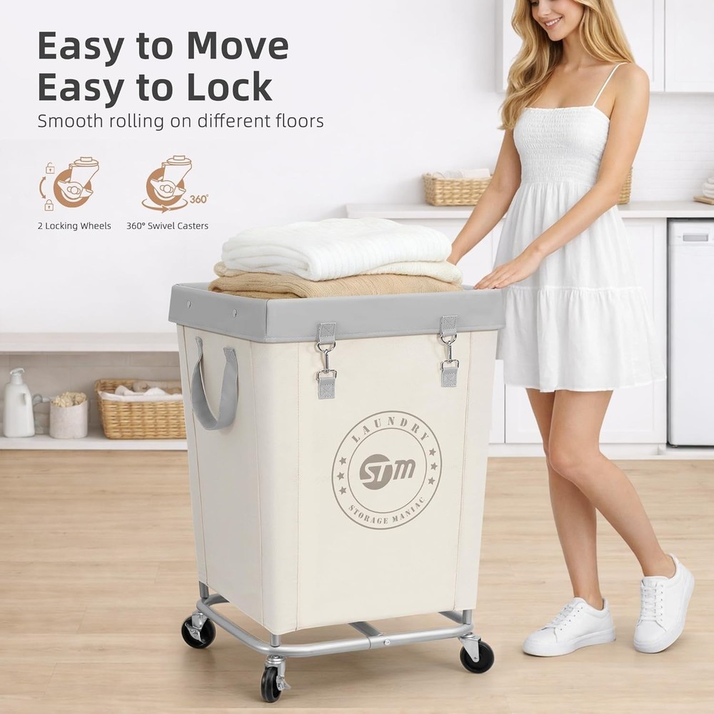 Durable Canvas Laundry Hamper with Heavy Duty Wheels and Button Closure 31"H