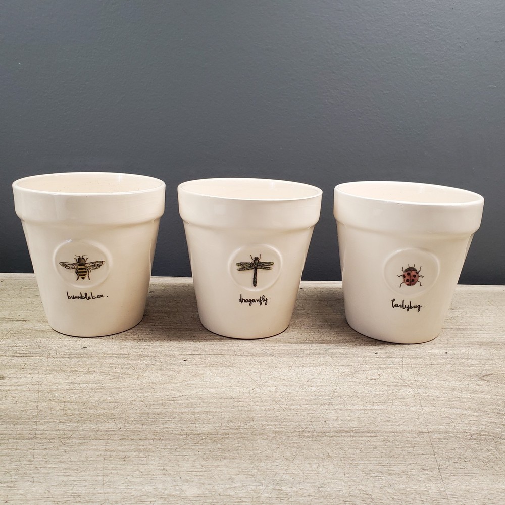 3 Rae Dunn planters with insect design