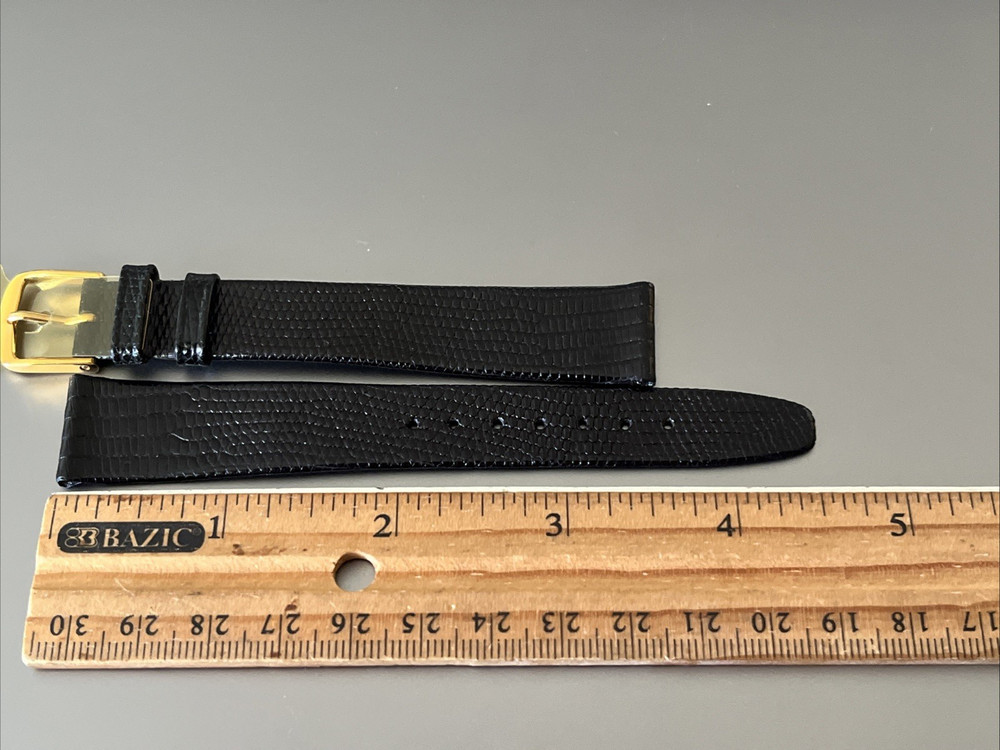 18 x 14 mm Watch Strap Lizard Leather Black Gloss Extra Thin LONG 8.2" Germany