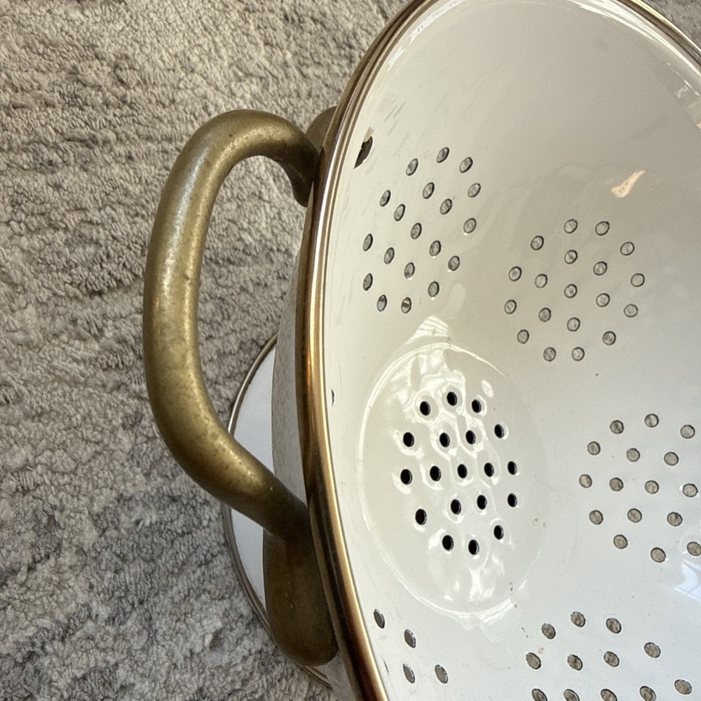 Enameled Colander/Strainer With Brass Handles Beautiful Floral Pattern