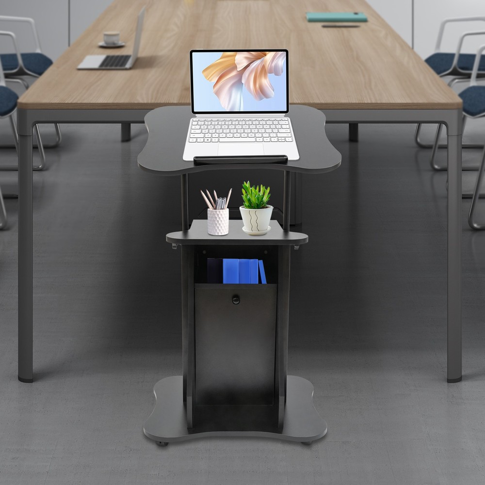 Mobile Lectern Podium Stand Height Adjustable Sit-to-Stand Desk with Storage