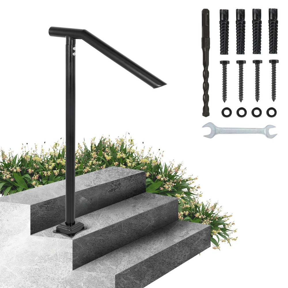 3Ft Step Railing Iron Stair Handrail Floor Mounted Sturdy Black Arched Han