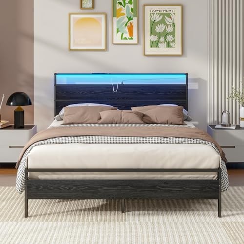 Bed Frame,Size Metal Platform Bed Frame with Storage & LED Light Queen Black