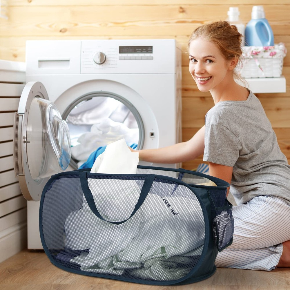 Collapsible Laundry Baskets 4 Pack Navy Foldable Pop Up Hampers with Pocket